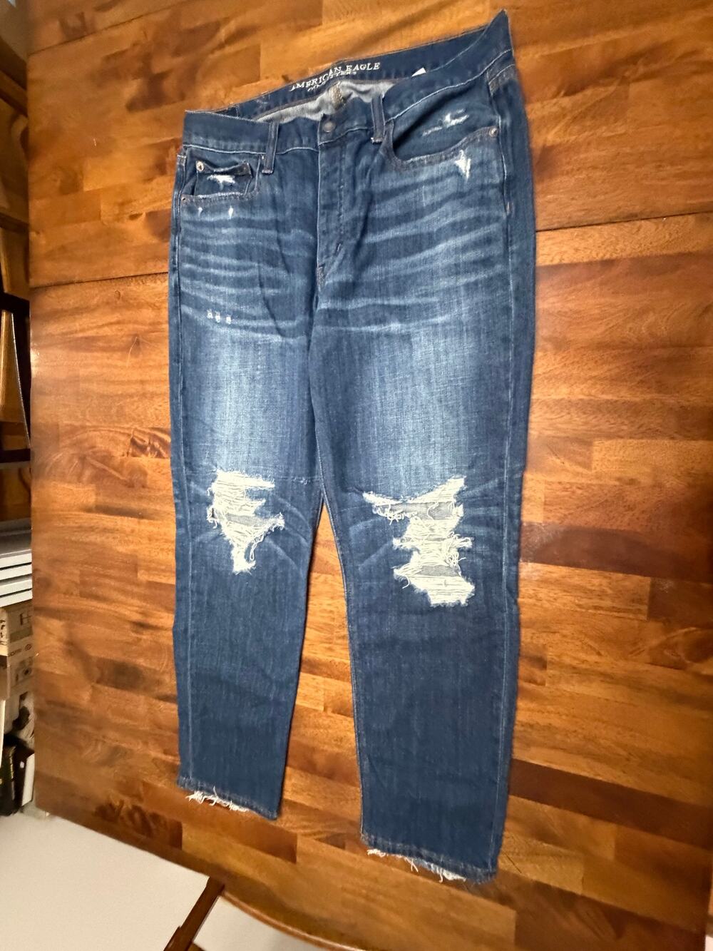 American Eagle Vintage Hi-Rise Jeans Womens 12 Distressed Ripped Raw Hem Blue